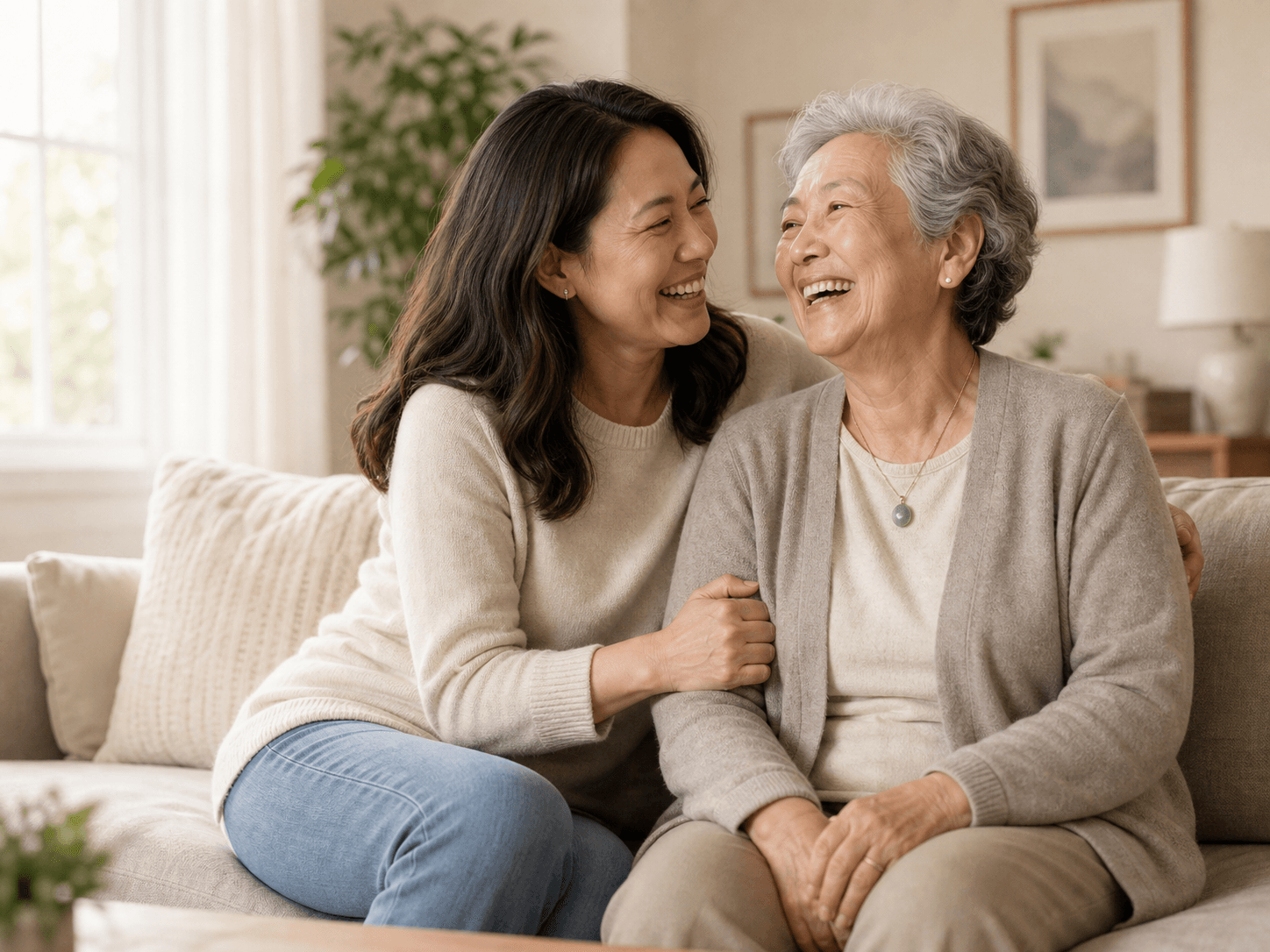A daughter and her mother talking together at home